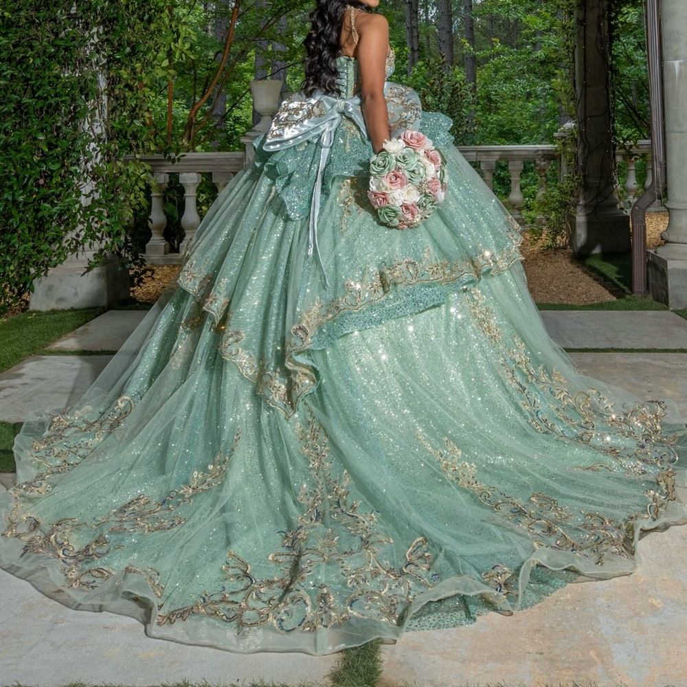Elegant Sage Green Quinceañera Gown with Gold Embroidery